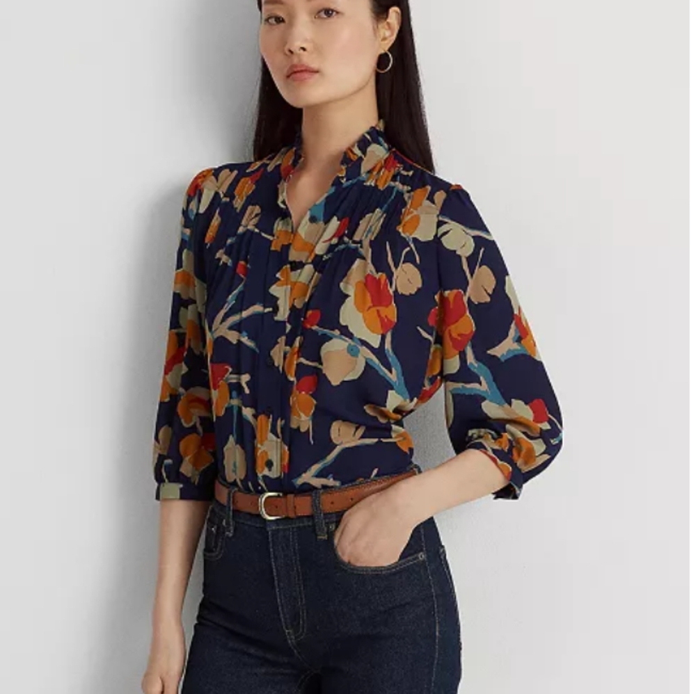 Womens Navy Floral Button-Front Blouse